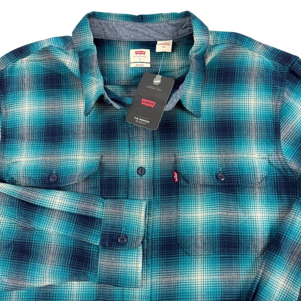Levis Worker Shirt Mens Large Blue Plaid Flannel Long Sleeve Relaxed Fit NEW $70